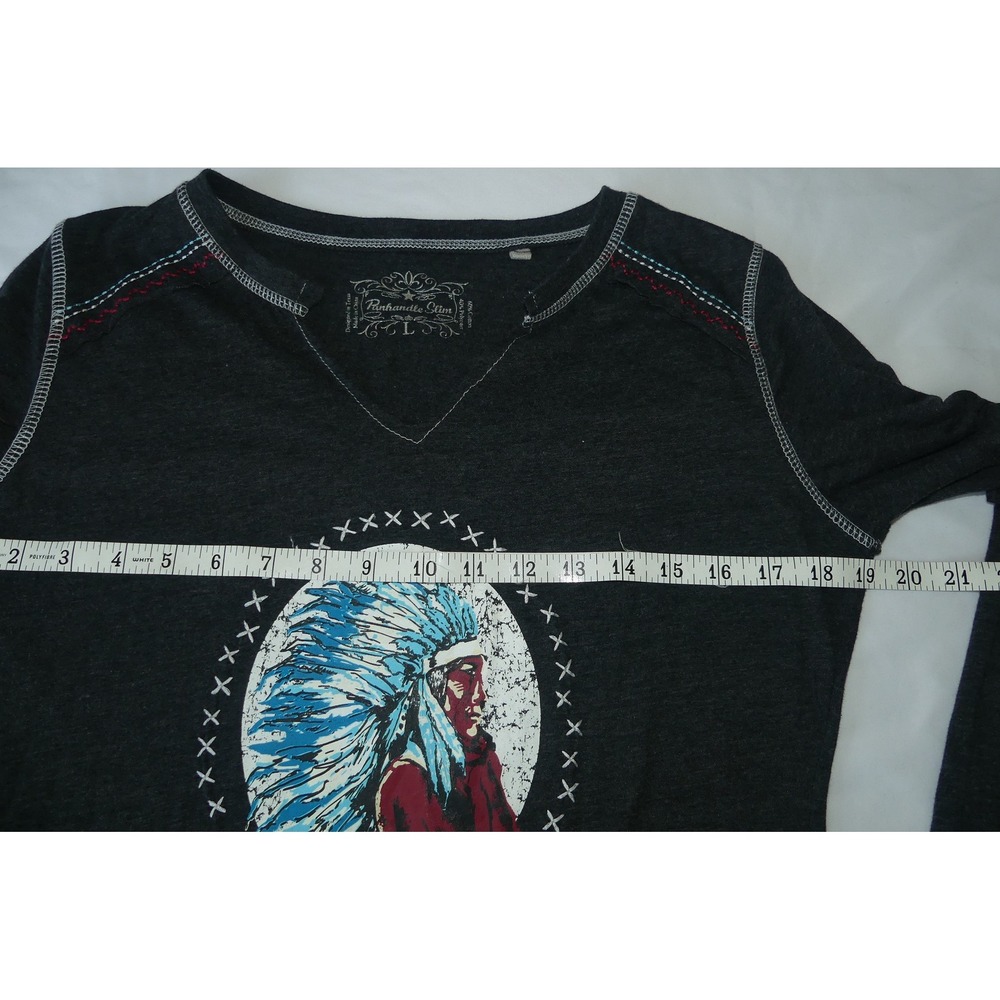 Panhandle Slim Big Chief Leather Goods Fringe Graphic Top Western Gray Womens L - Picture 7 of 8